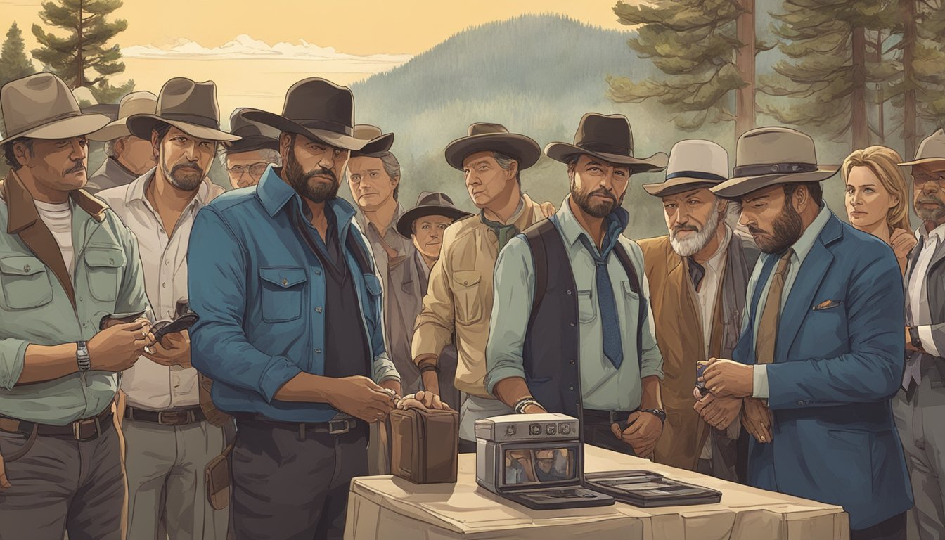 A group of people eagerly await the premiere of Yellowstone series 6, checking their watches and discussing their expectations