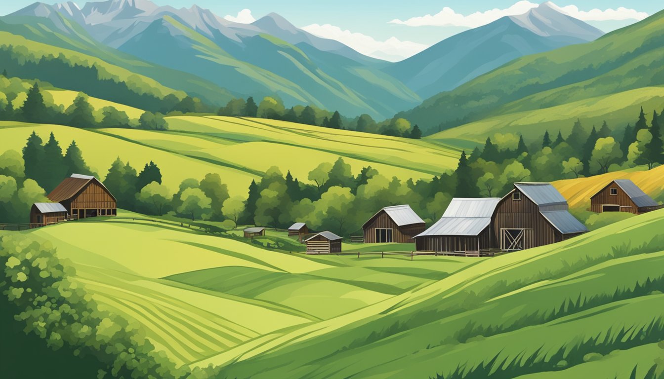 Rolling hills, lush greenery, rustic barns, and a majestic mountain backdrop