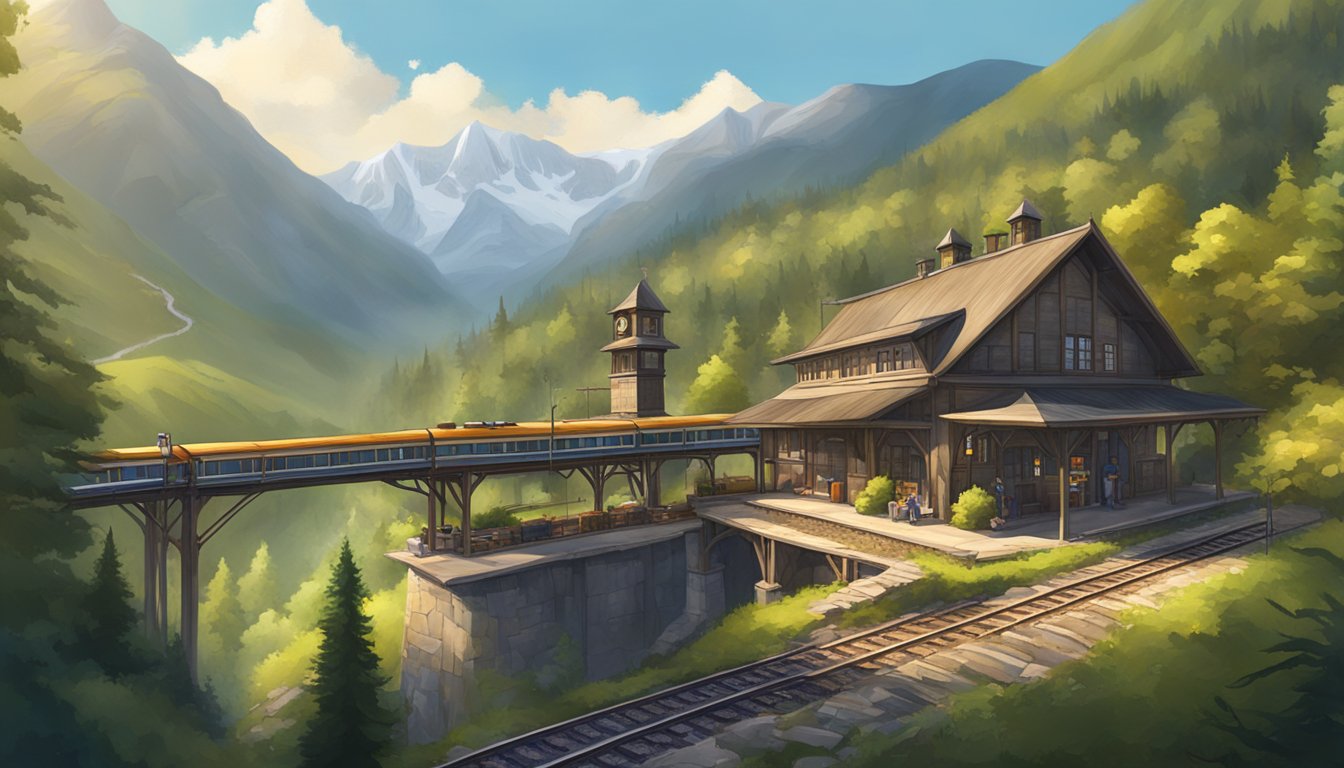 A rustic train station nestled in a scenic valley, surrounded by towering mountains and lush forests