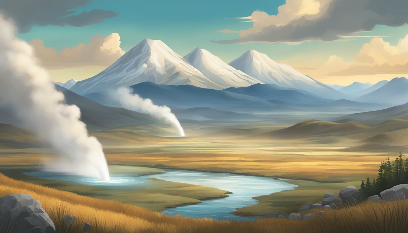 A vast landscape with geysers, mountains, and wildlife, set against a dramatic sky