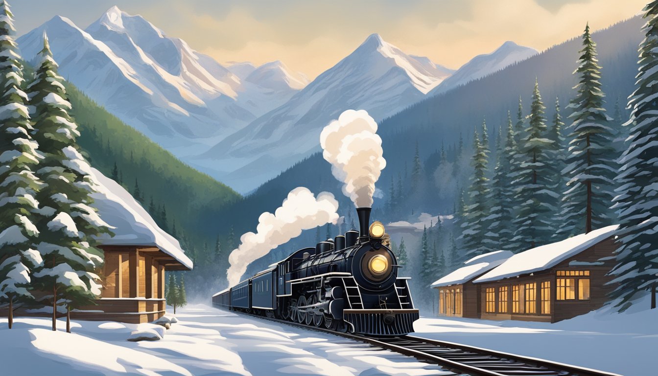 The train station is nestled in a picturesque valley, surrounded by snow-capped mountains and lush pine trees. A vintage locomotive sits on the tracks, emitting puffs of steam into the crisp mountain air