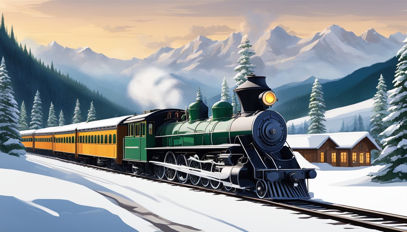 A rustic train station nestled in a valley surrounded by towering pine trees and snow-capped mountains, with a steam locomotive chugging along the tracks