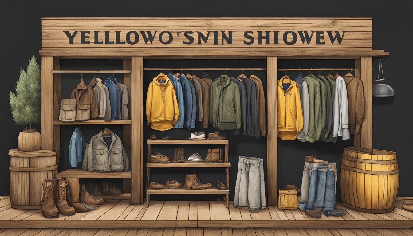 A rustic, wooden display at a local store showcasing various clothing items with the Yellowstone show logo and imagery