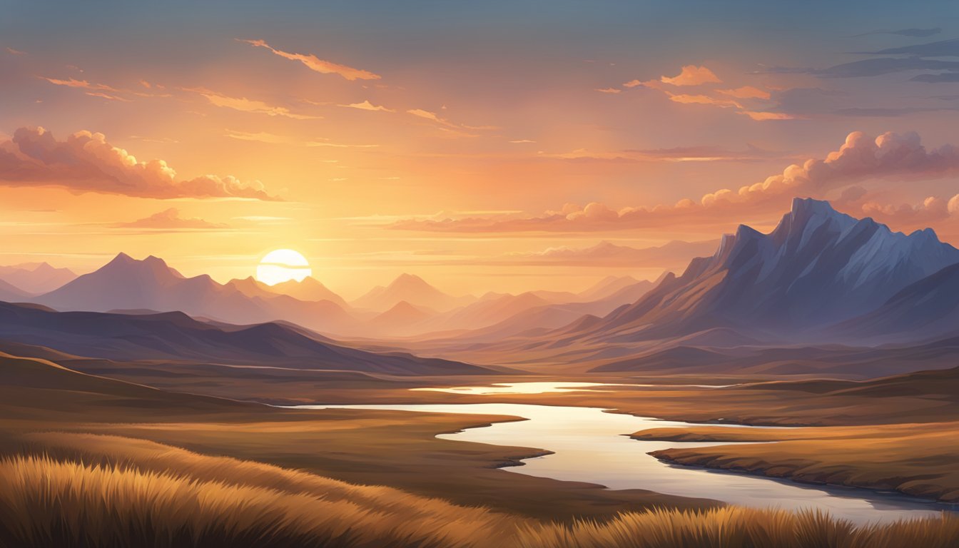 A dramatic landscape with rugged mountains, a flowing river, and a vast expanse of open plains, all set under a striking sunset sky