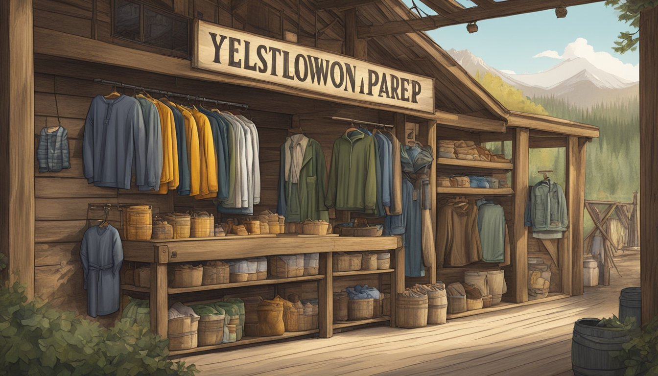 A rustic outdoor market with shelves of Yellowstone-branded clothing and accessories displayed under a large sign reading "Yellowstone Apparel."