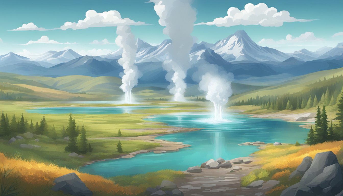 A vast, rugged landscape with geysers, mountains, and rivers