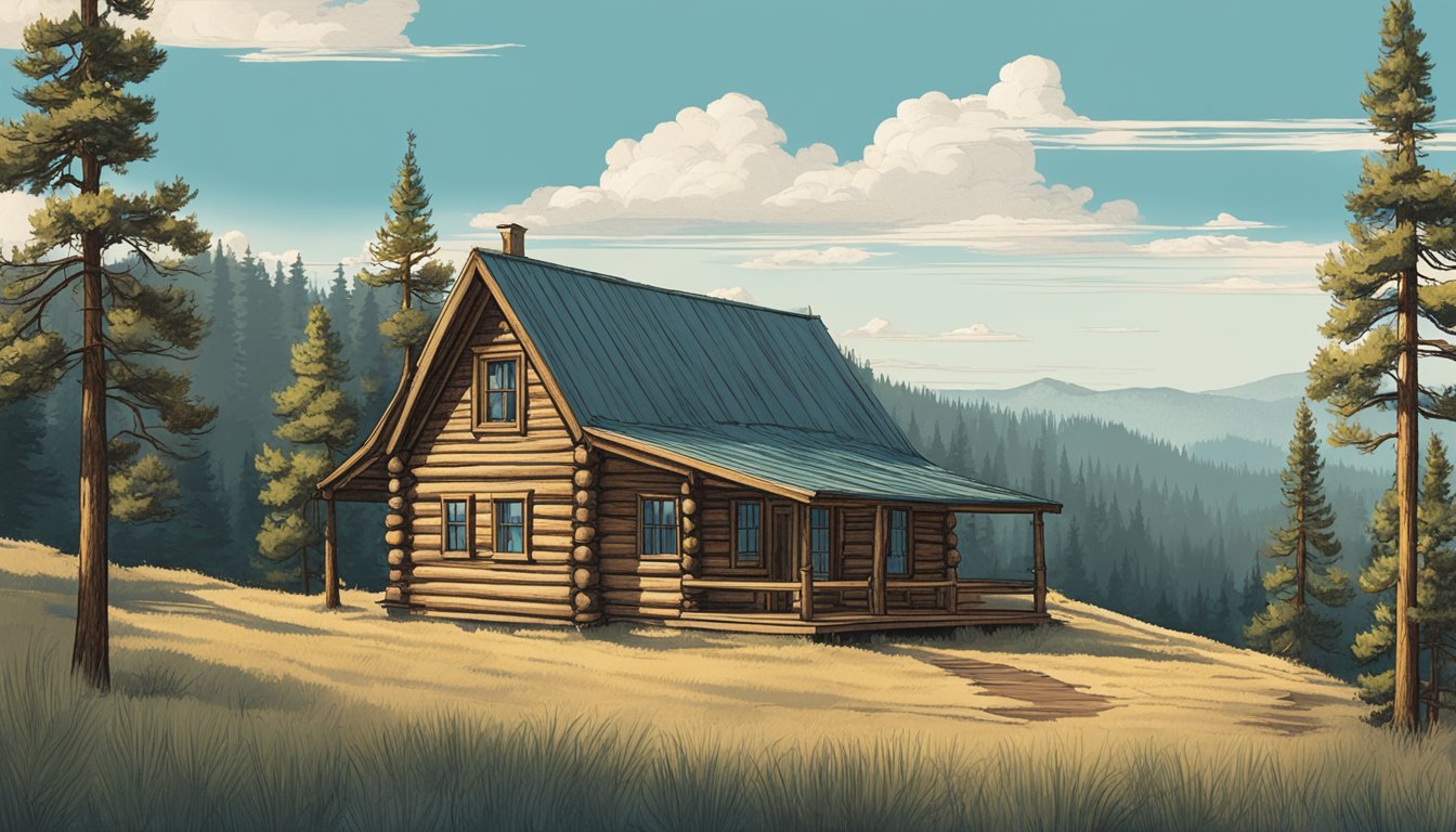 A rustic wooden cabin with a sign reading "Yellowstone Apparel" surrounded by tall pine trees and a clear blue sky