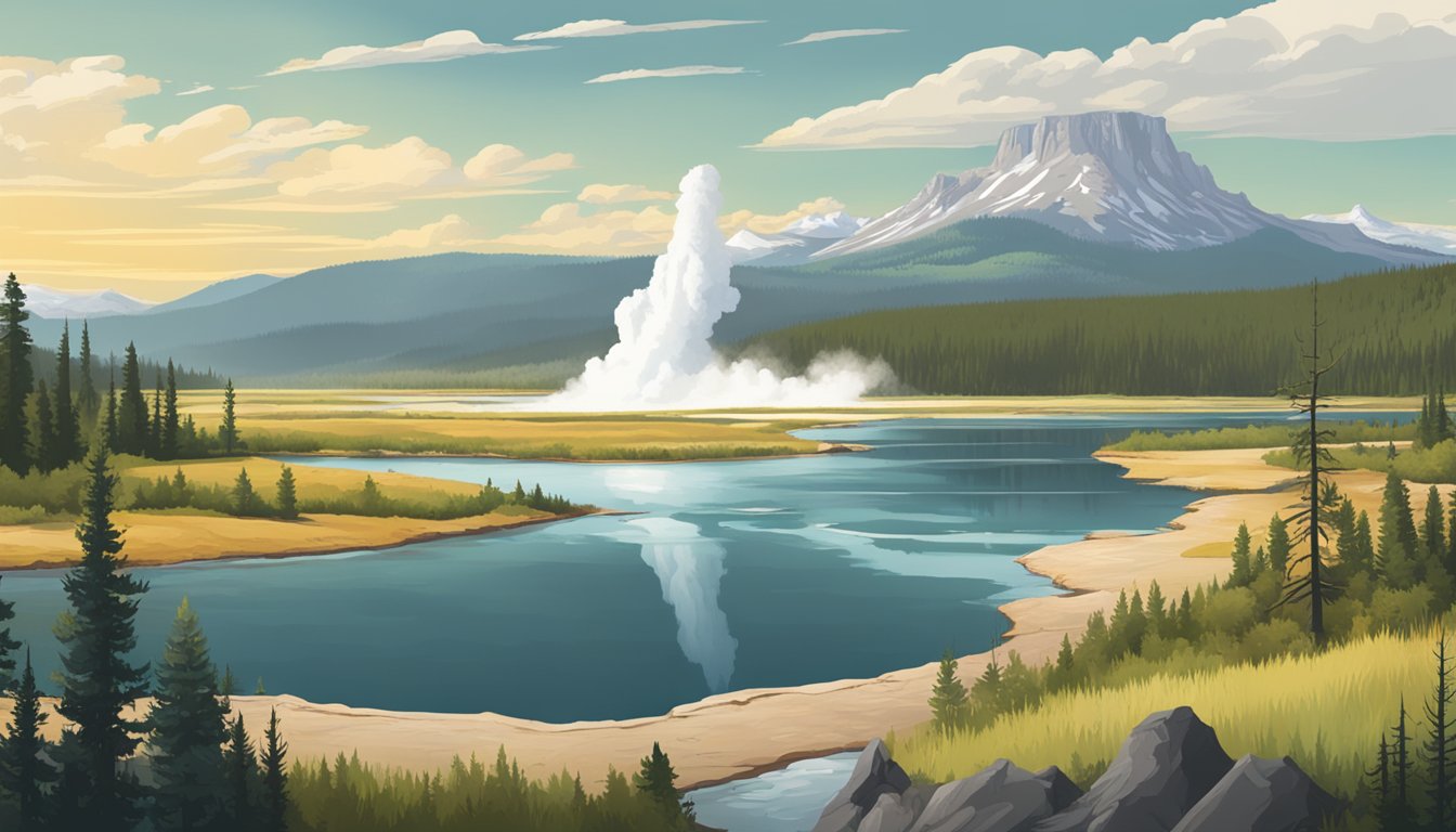 A panoramic view of Yellowstone's iconic landscape, featuring rugged mountains, lush forests, and the famous geysers, with wildlife roaming in the distance