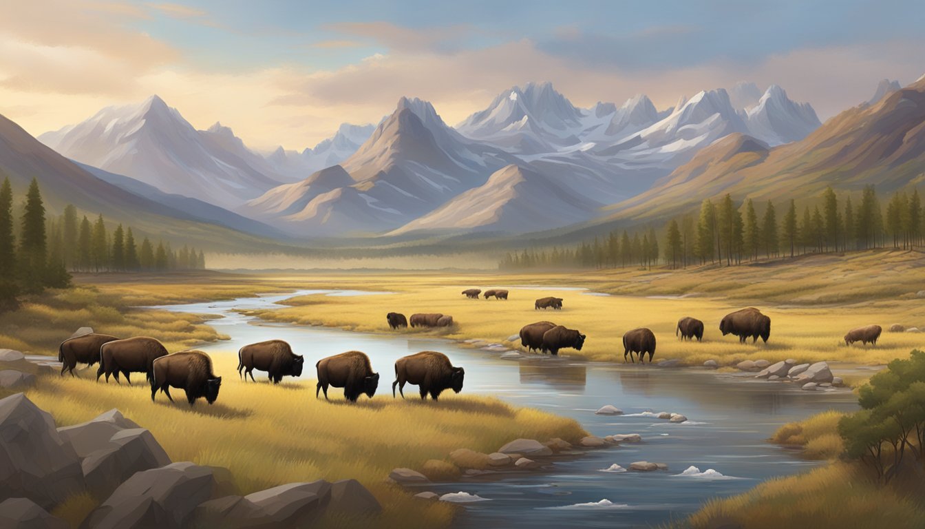 A sprawling Western landscape with rugged mountains, a winding river, and a herd of grazing bison