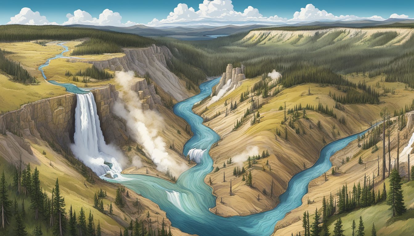 A sweeping aerial view of Yellowstone National Park, showcasing its iconic geysers and rugged landscapes