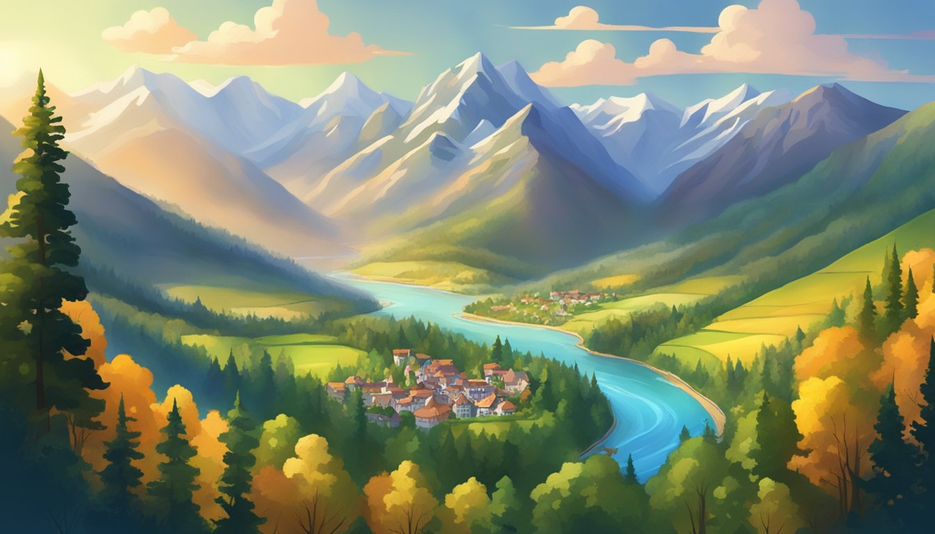 A picturesque mountain range overlooks a small, peaceful town nestled in a valley surrounded by lush forests and glistening rivers