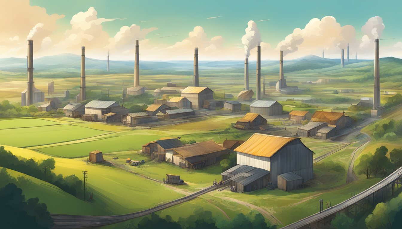 A sprawling landscape with a mix of rural and industrial elements, symbolizing the clash between traditional values and modern society