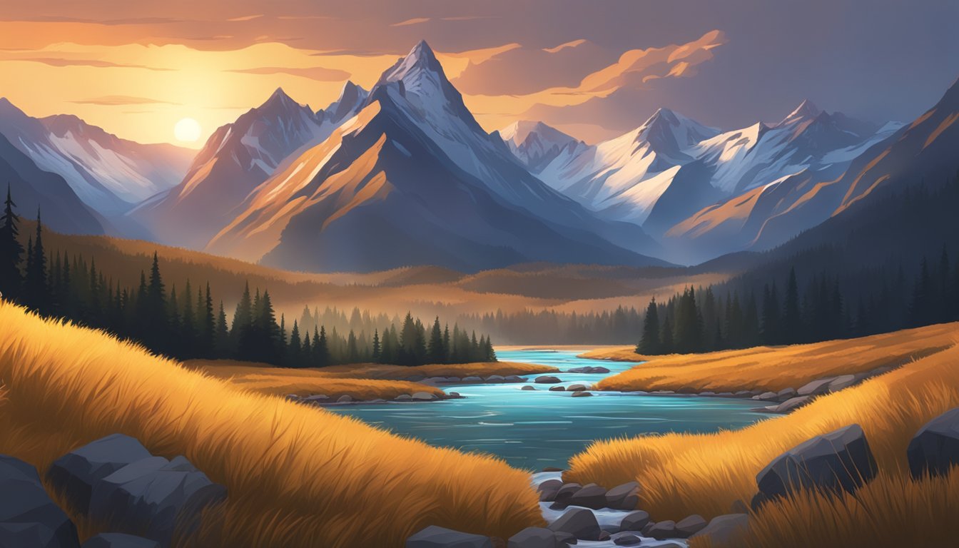 A rugged landscape with a flowing river, towering mountains, and a dramatic sunset in the background