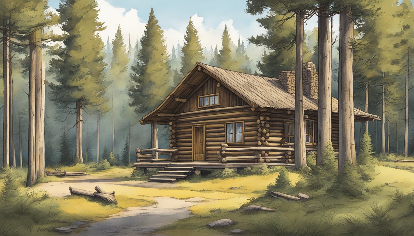 A rustic log cabin in a clearing, surrounded by towering pine trees. A signpost with the words "Yellowstone Series" points toward the cabin