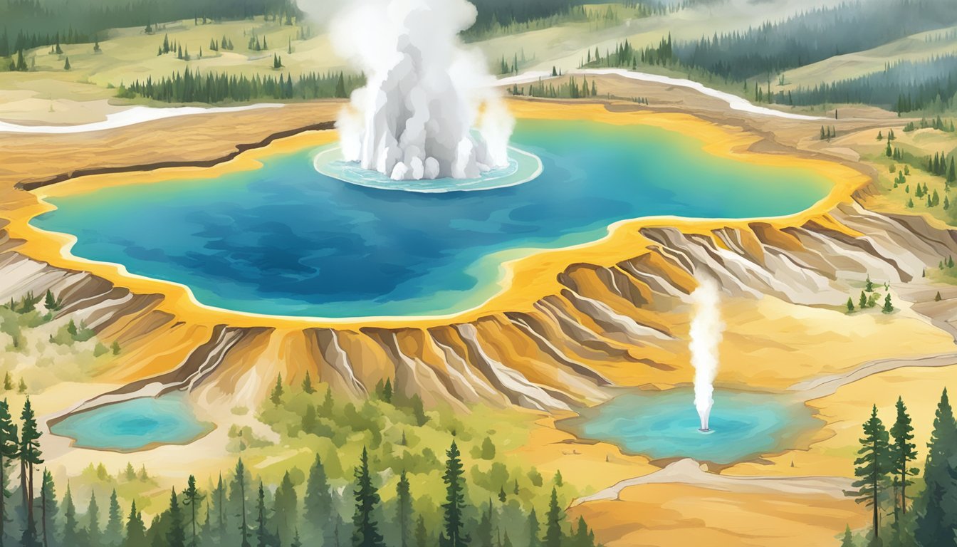 Aerial view of Yellowstone National Park with geysers and wildlife