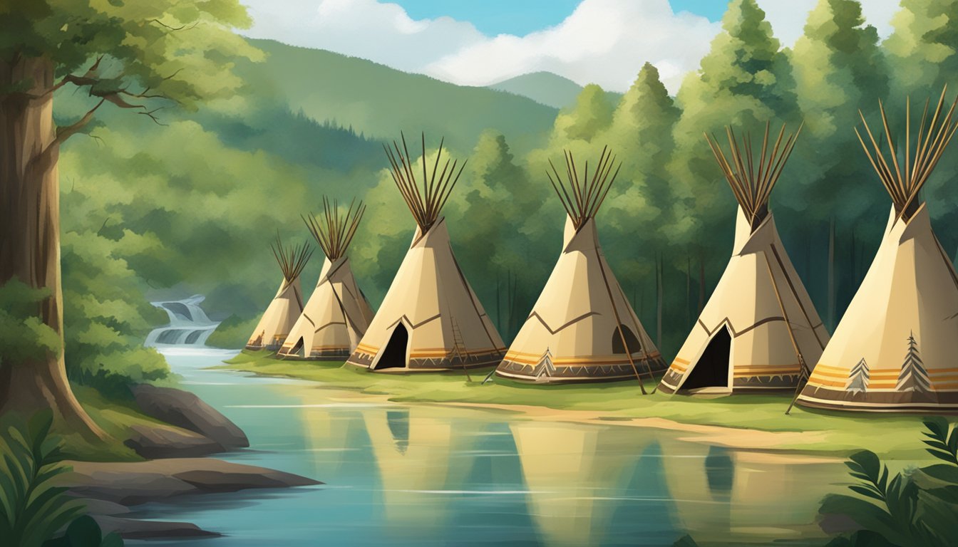 A group of Native American teepees surrounded by a lush forest, with a river flowing in the background