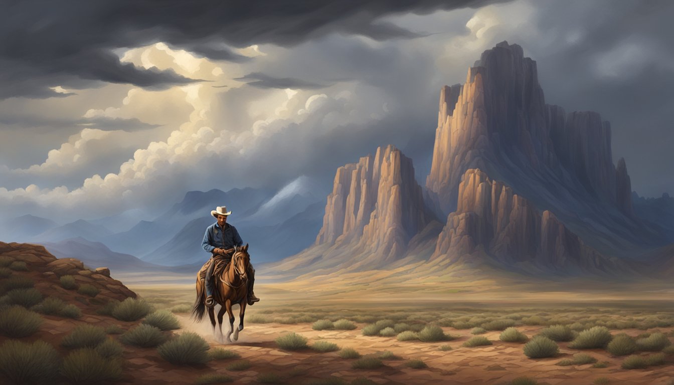 A lone cowboy rides through a rugged, open landscape with towering mountains in the background, under a dramatic, stormy sky