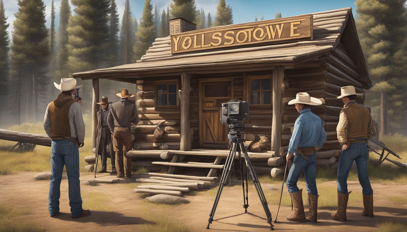 A camera on a tripod films a group of actors in cowboy hats and western attire standing in front of a rustic log cabin with the word "Yellowstone" written on a sign above the door