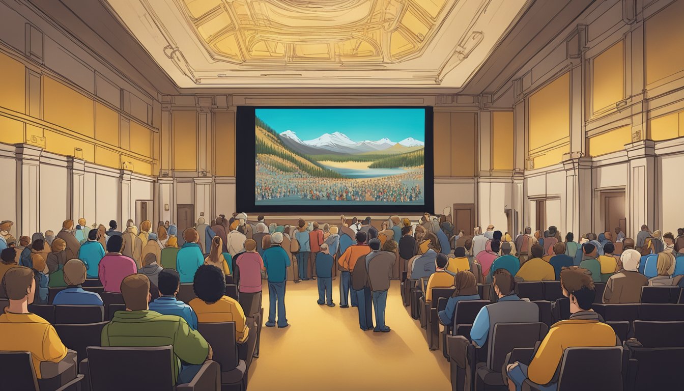 A crowded theater lobby with a large screen displaying the latest Yellowstone series. Fans are gathered around, eagerly discussing the show