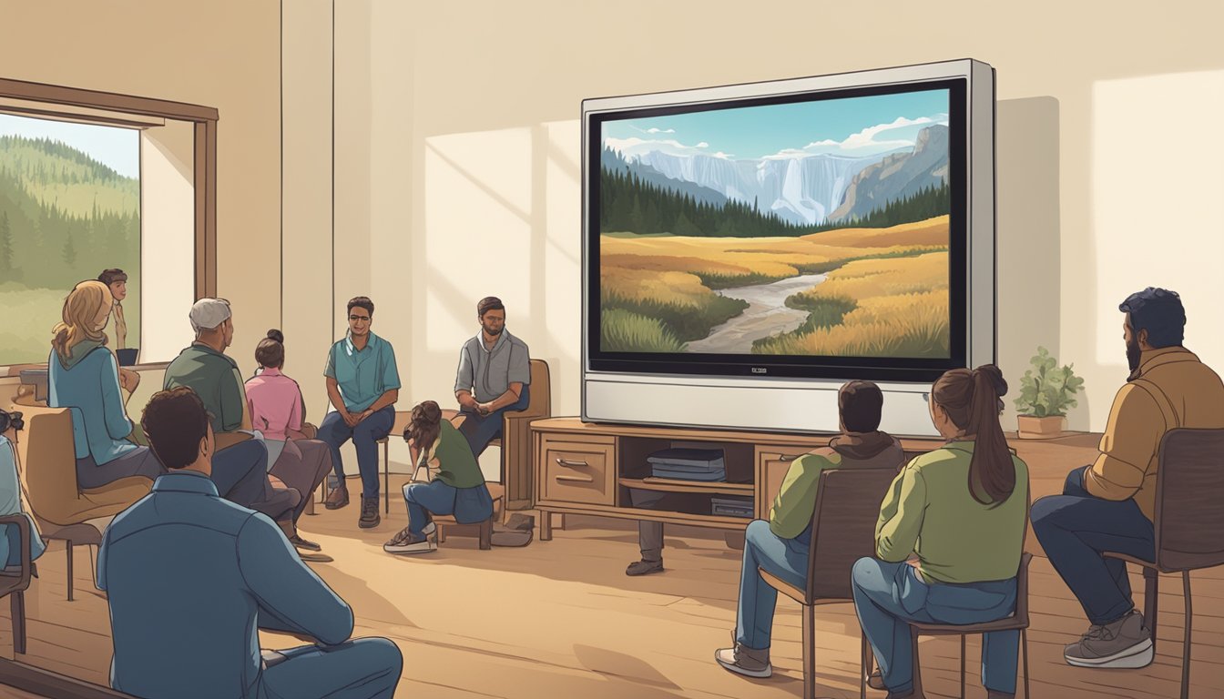 A television screen showing the opening scene of Yellowstone series, with a group of people gathered around watching with interest