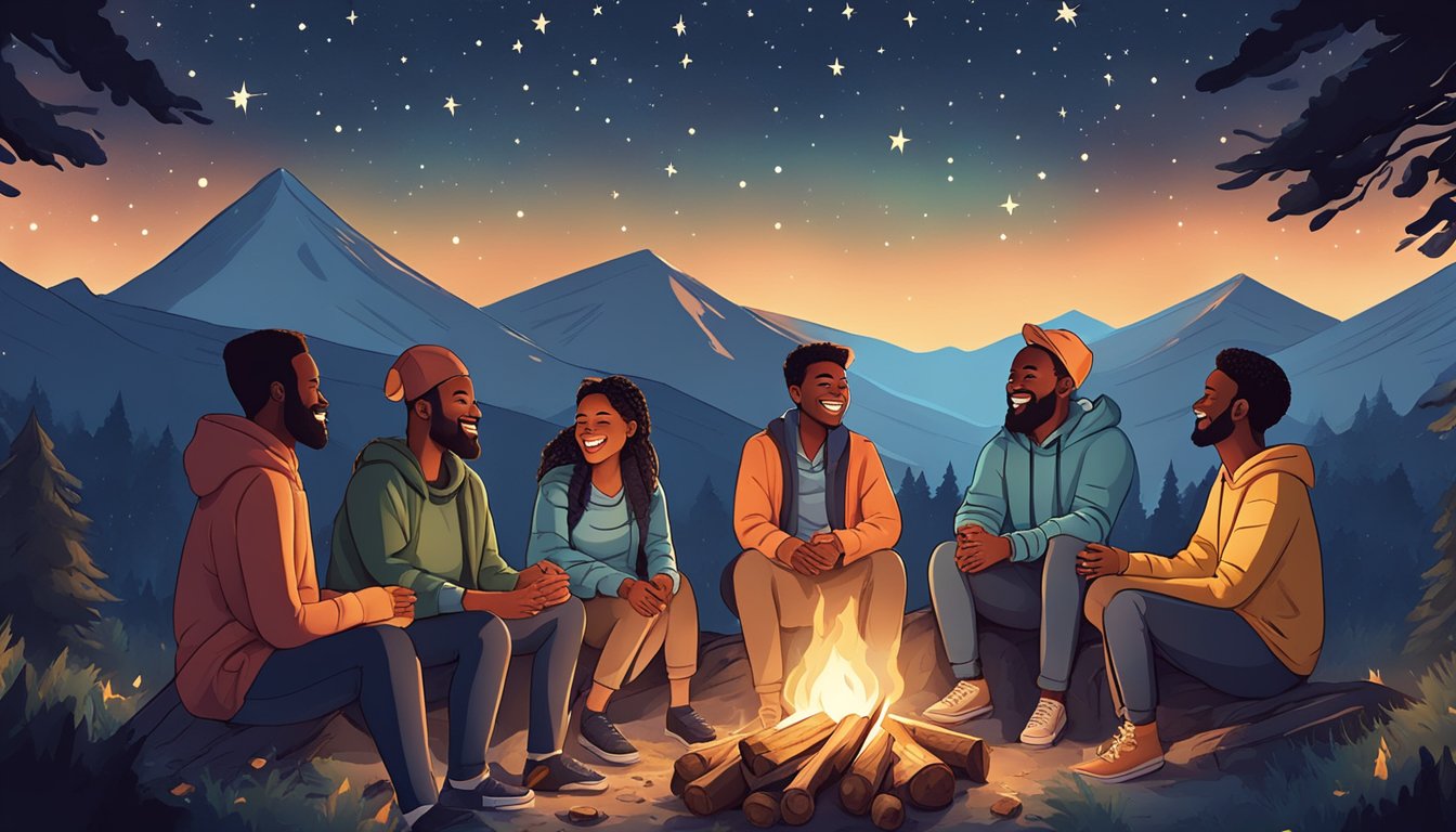 A group of diverse individuals gathered around a campfire, sharing stories and laughter under the starry night sky