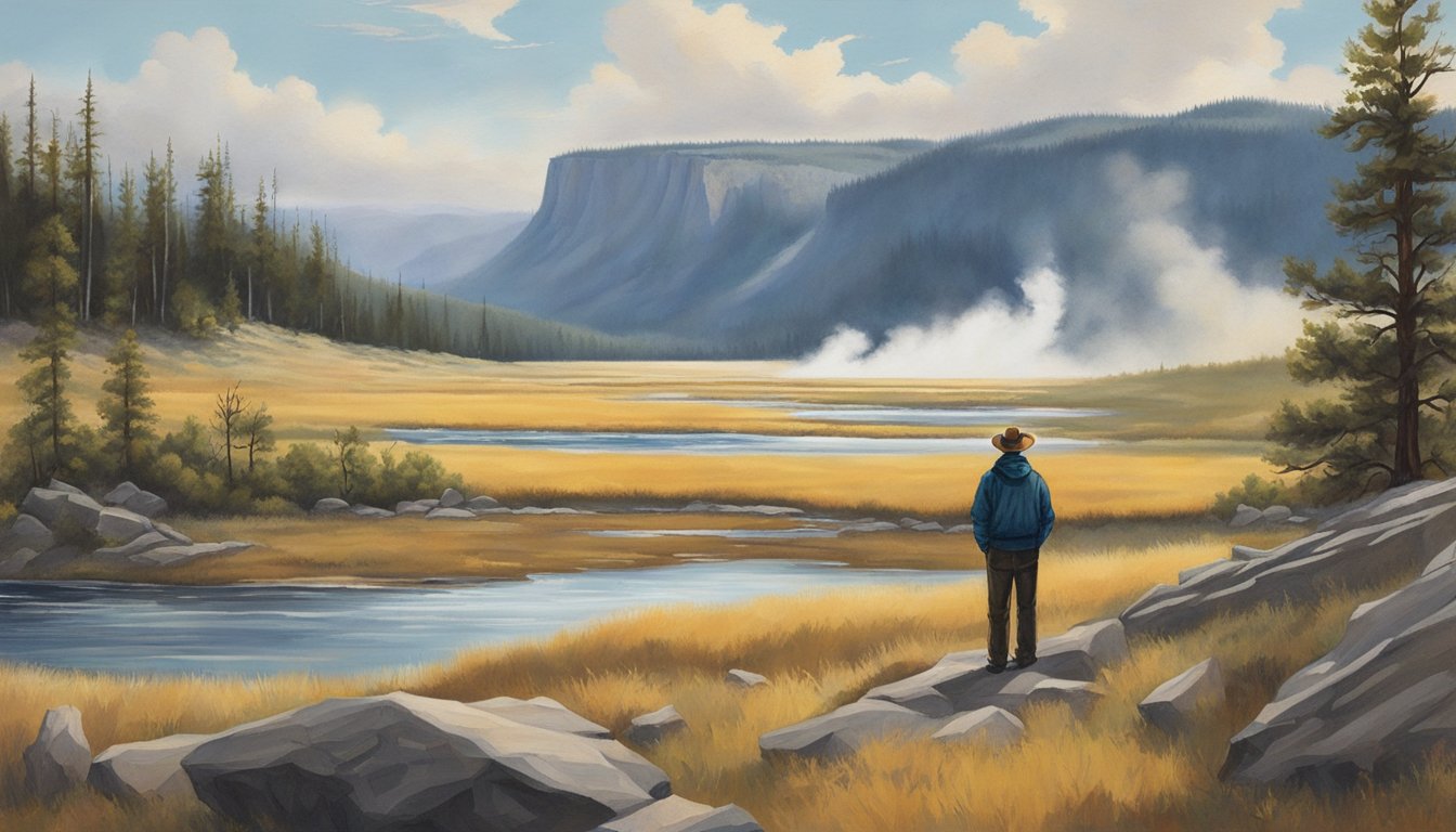 A lone figure stands before a grand landscape, capturing the essence of the Yellowstone series. The vast wilderness and rugged beauty of the surroundings convey the creator's vision