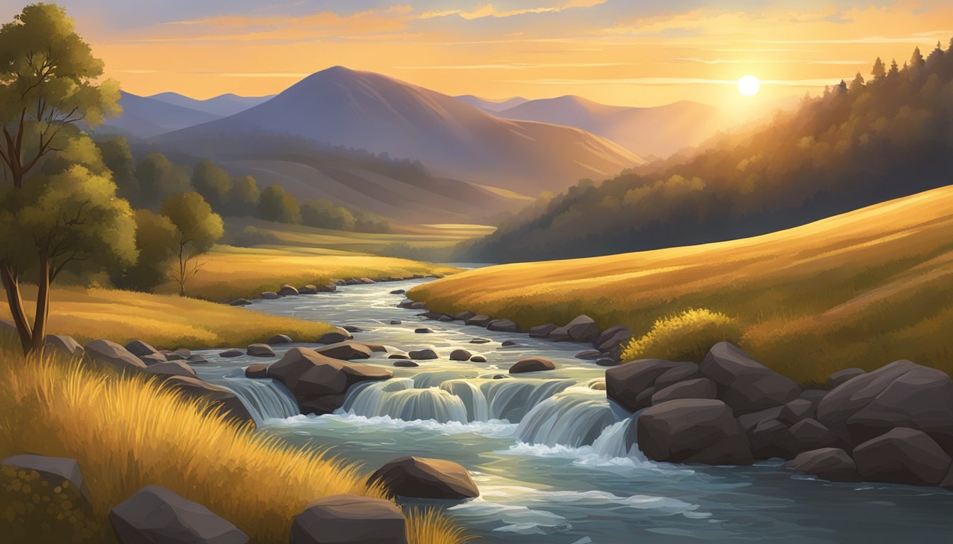 A dramatic landscape of rolling hills and a gushing river, with a majestic sunset casting a golden glow over the scene