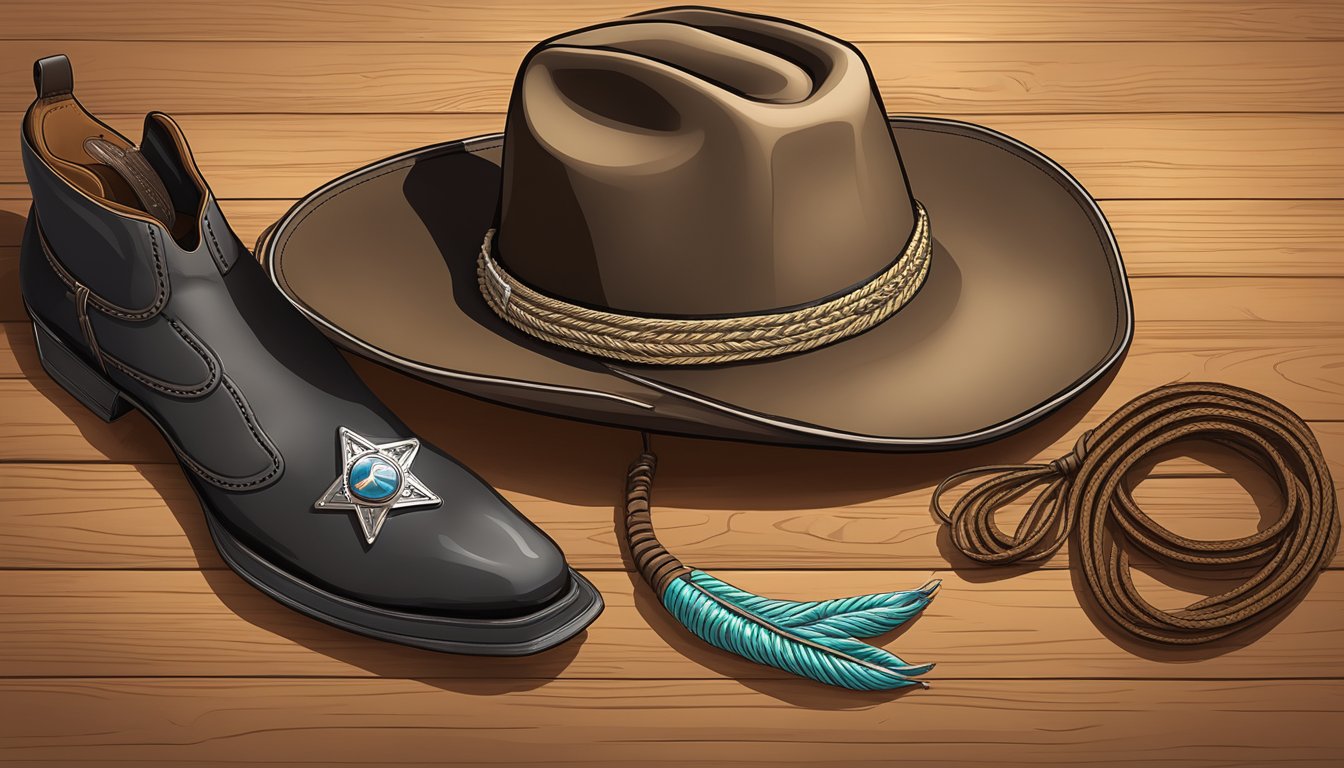 A cowboy hat, a sheriff's badge, a pair of cowboy boots, and a lasso arranged on a wooden table