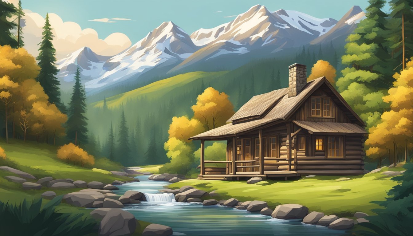 A rustic cabin in a lush, green forest with a winding river and snow-capped mountains in the background