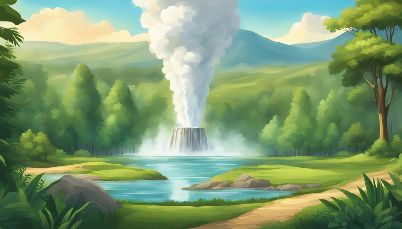 A majestic landscape with a geyser erupting in the background, surrounded by lush greenery and wildlife