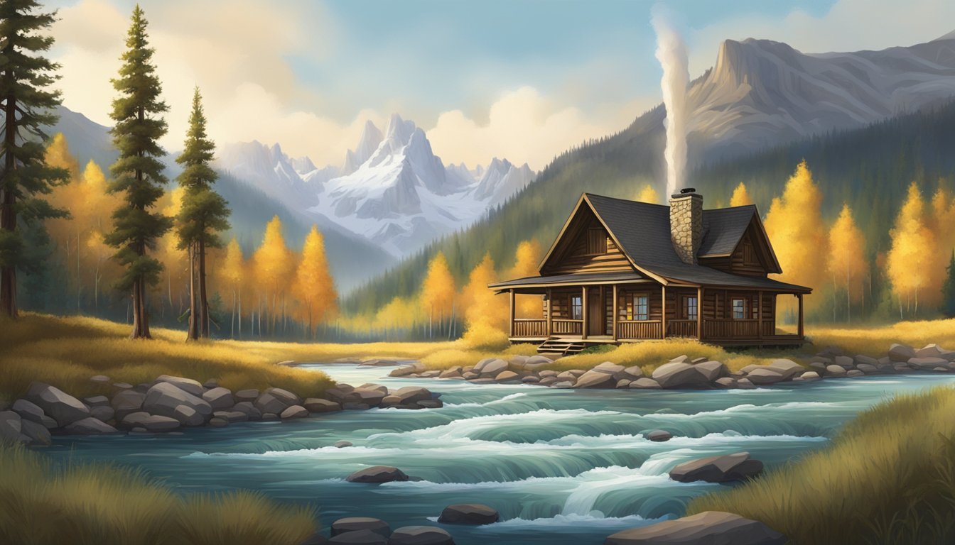 A rustic cabin nestled in a dense forest, with a backdrop of towering mountains and a gushing river, capturing the essence of the Yellowstone series