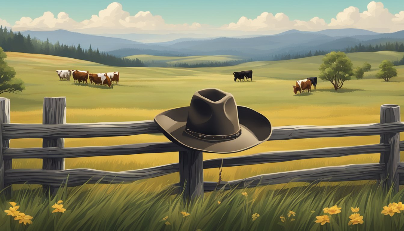 A cowboy hat resting on a weathered wooden fence post, surrounded by rolling hills and grazing cattle