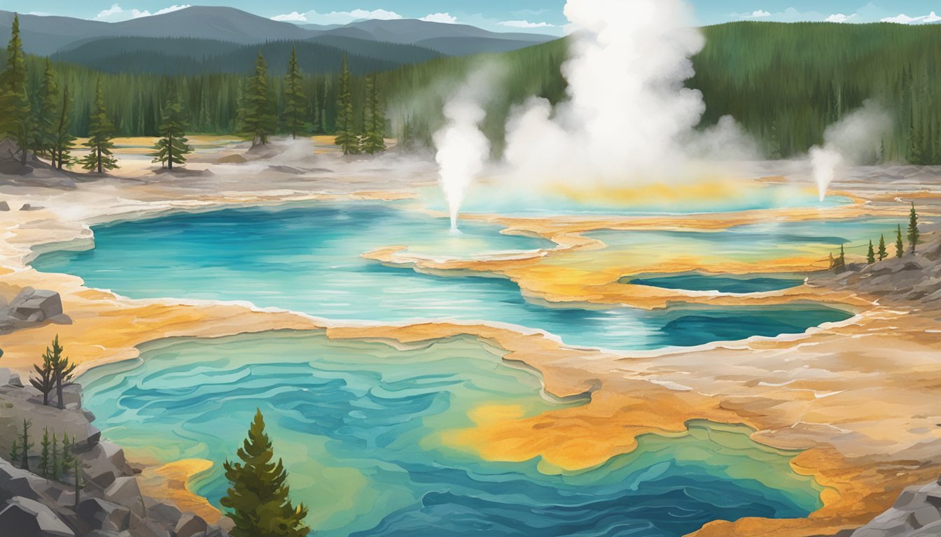 A bubbling geyser erupts amidst vibrant, steaming pools in the heart of Yellowstone National Park