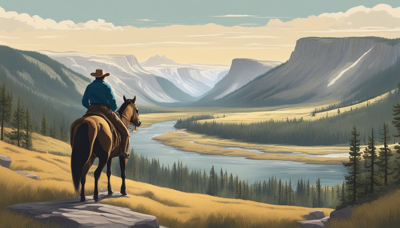 A lone figure on horseback surveys the vast, rugged landscape of Yellowstone National Park, framed by towering mountains and a winding river