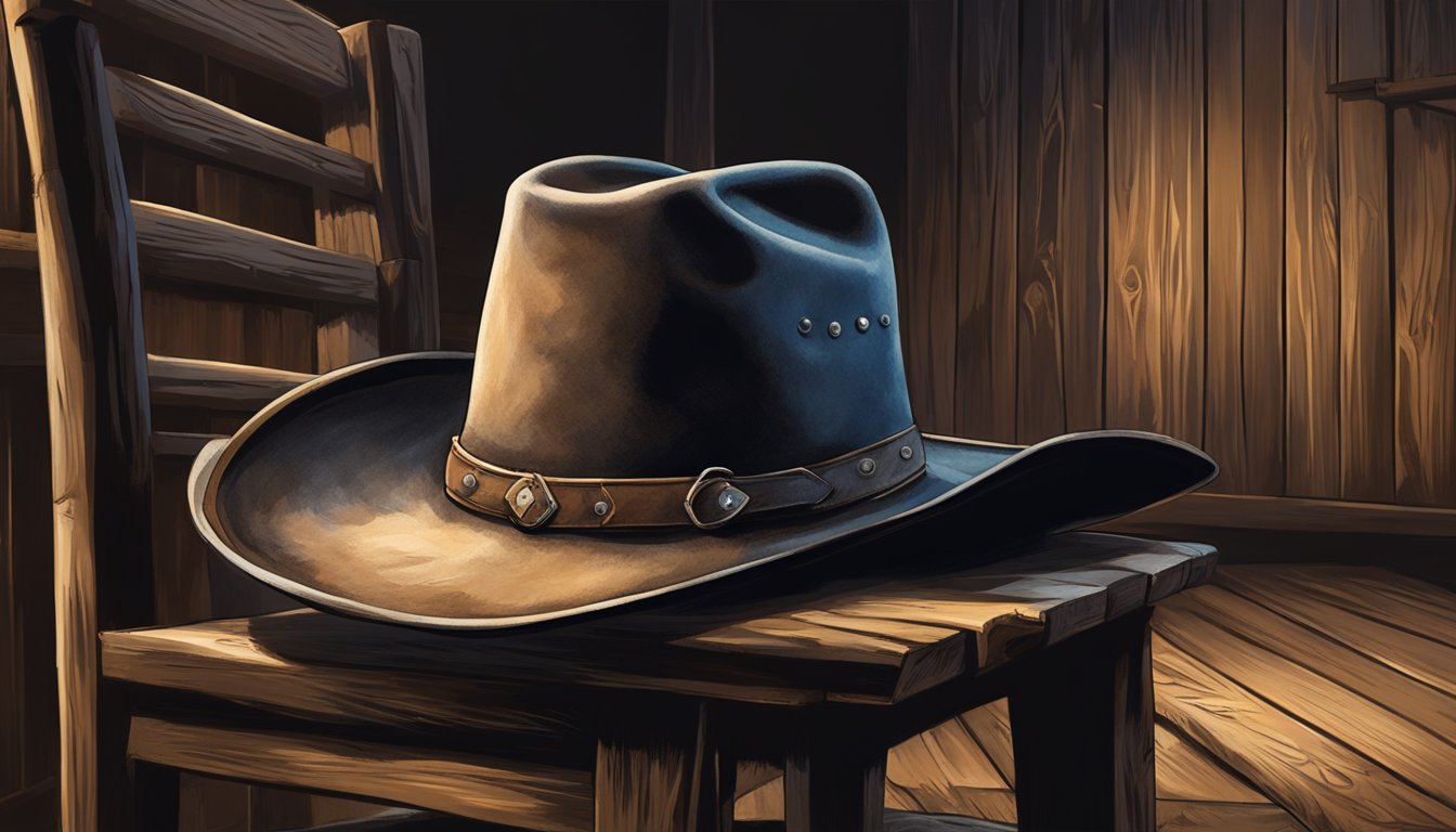 A rugged cowboy hat and a pair of well-worn boots sit on a wooden chair in a dimly lit barn