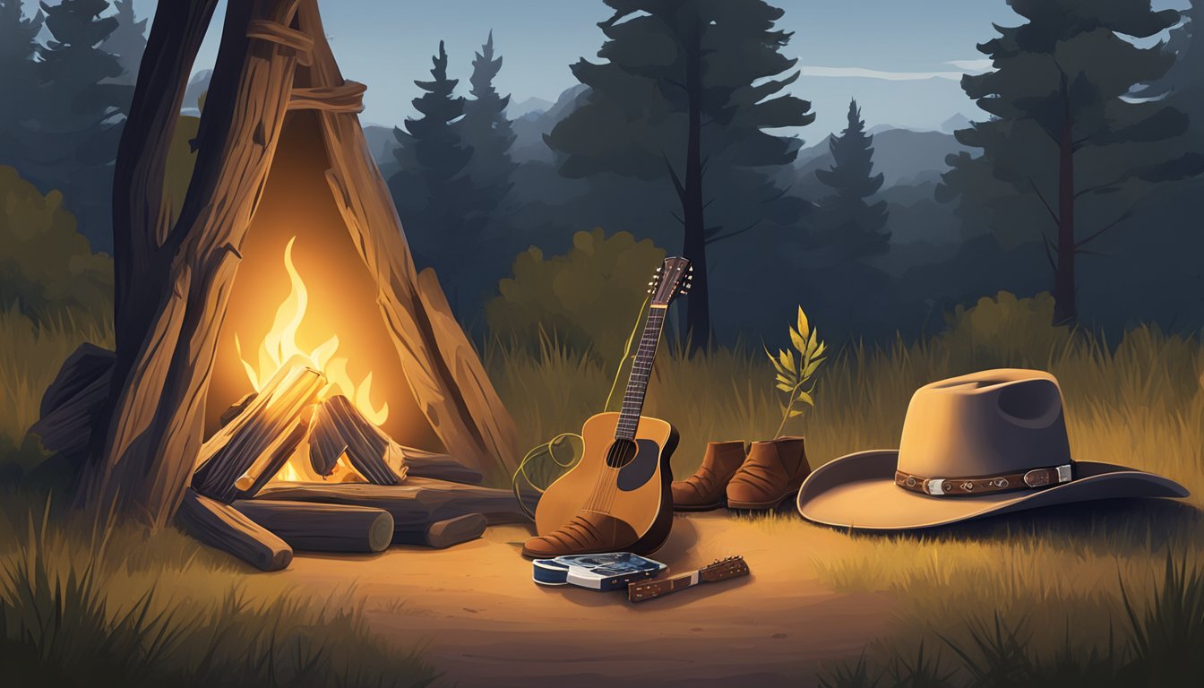 A cowboy hat and boots next to a campfire with a guitar leaning against a tree