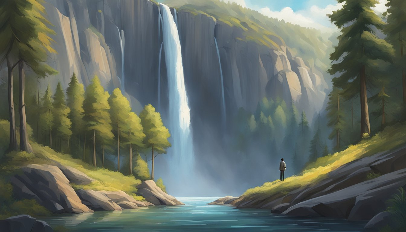 A lone figure stands in front of a majestic waterfall, surrounded by towering trees and rugged cliffs. The scene exudes a sense of awe and wonder