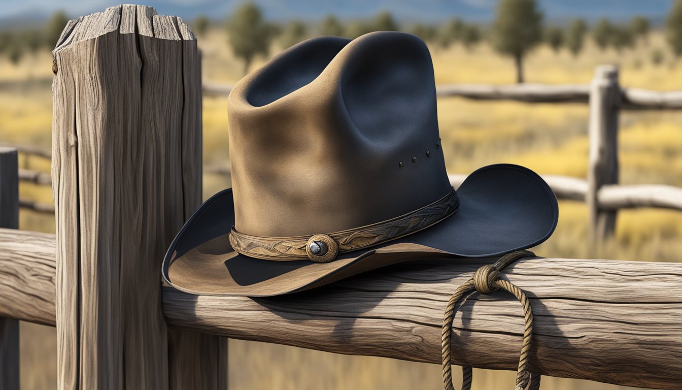 A rugged cowboy hat and weathered boots sit on a wooden fence post. A lasso hangs nearby, hinting at the presence of Rip at Dutton Ranch