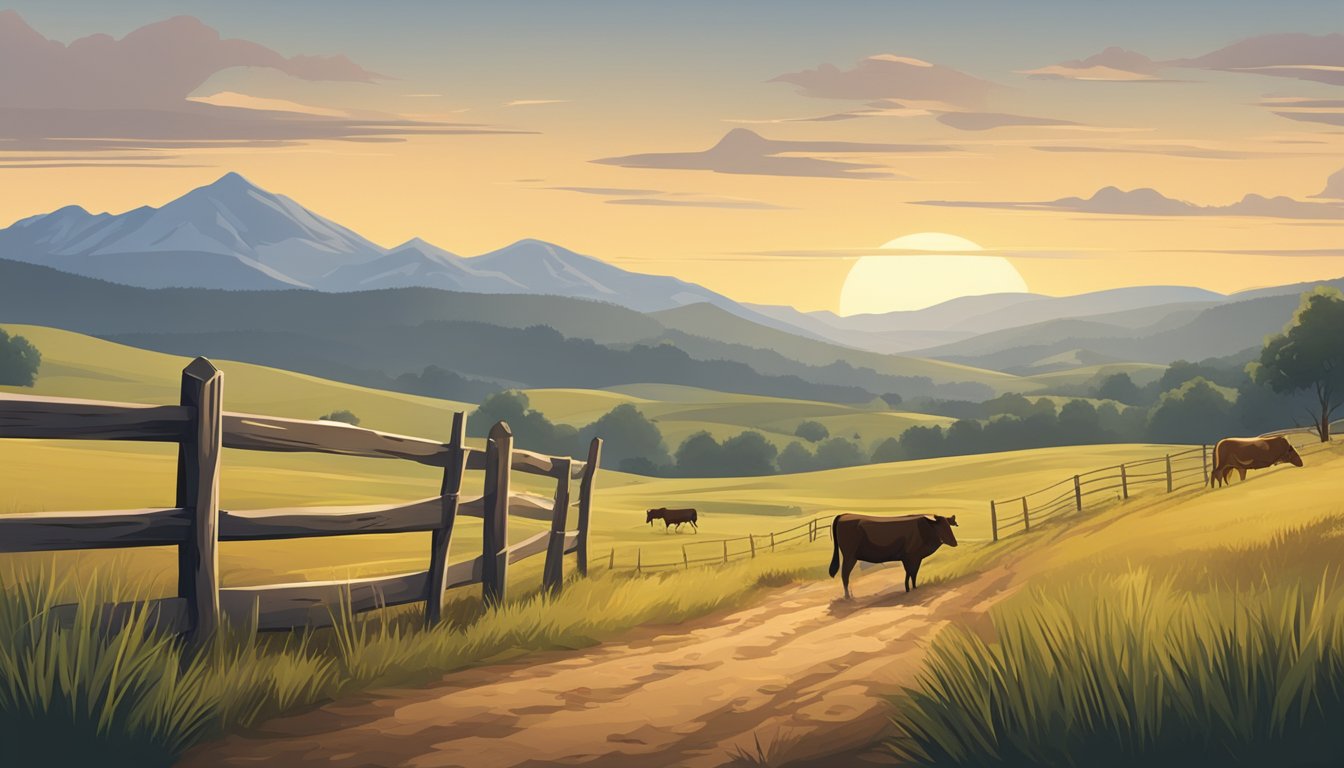 A cowboy hat and boots on a wooden fence, surrounded by rolling hills and grazing cattle