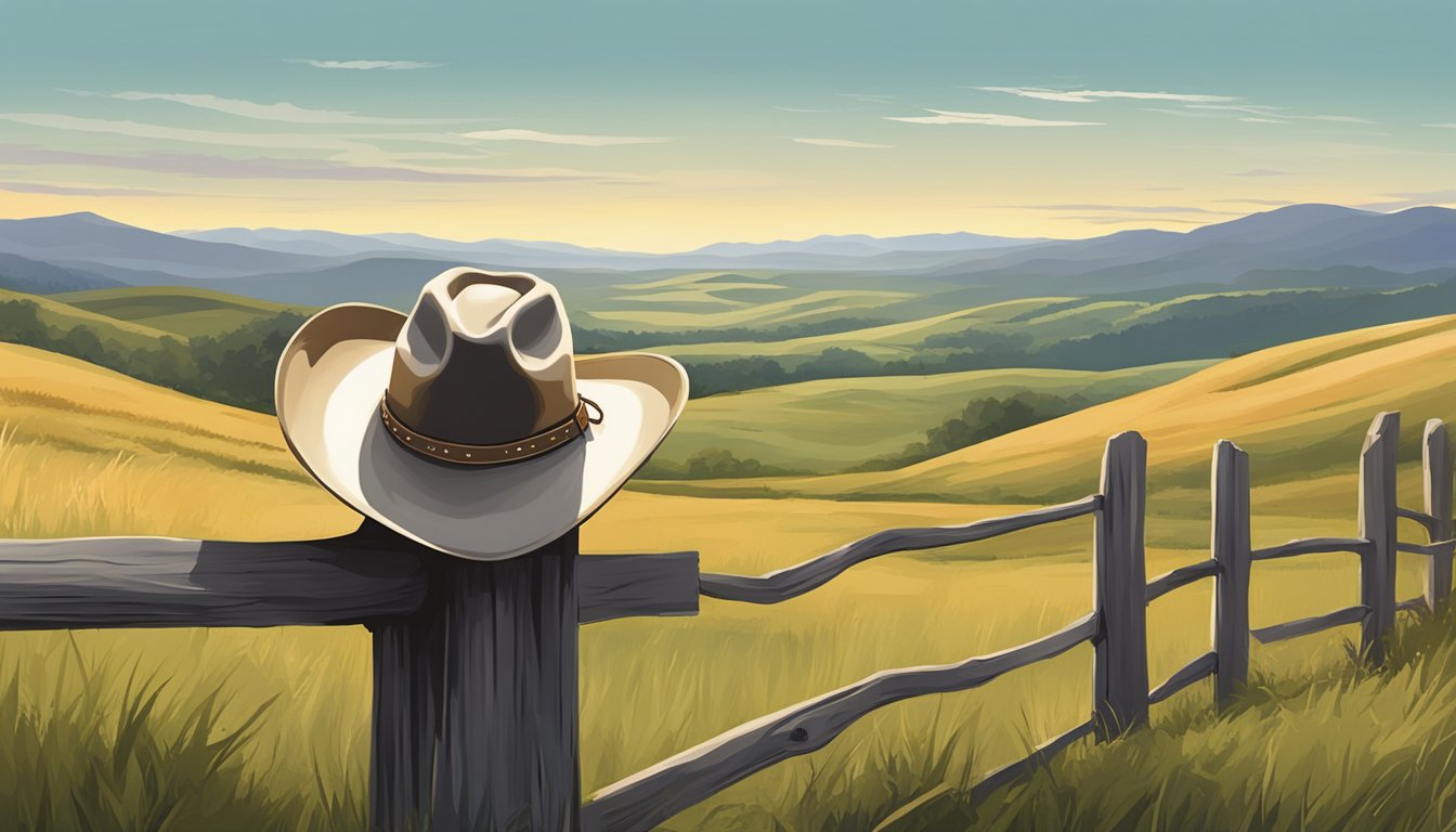 A lone cowboy hat rests on a weathered fence post, overlooking a vast expanse of rolling hills and grazing cattle