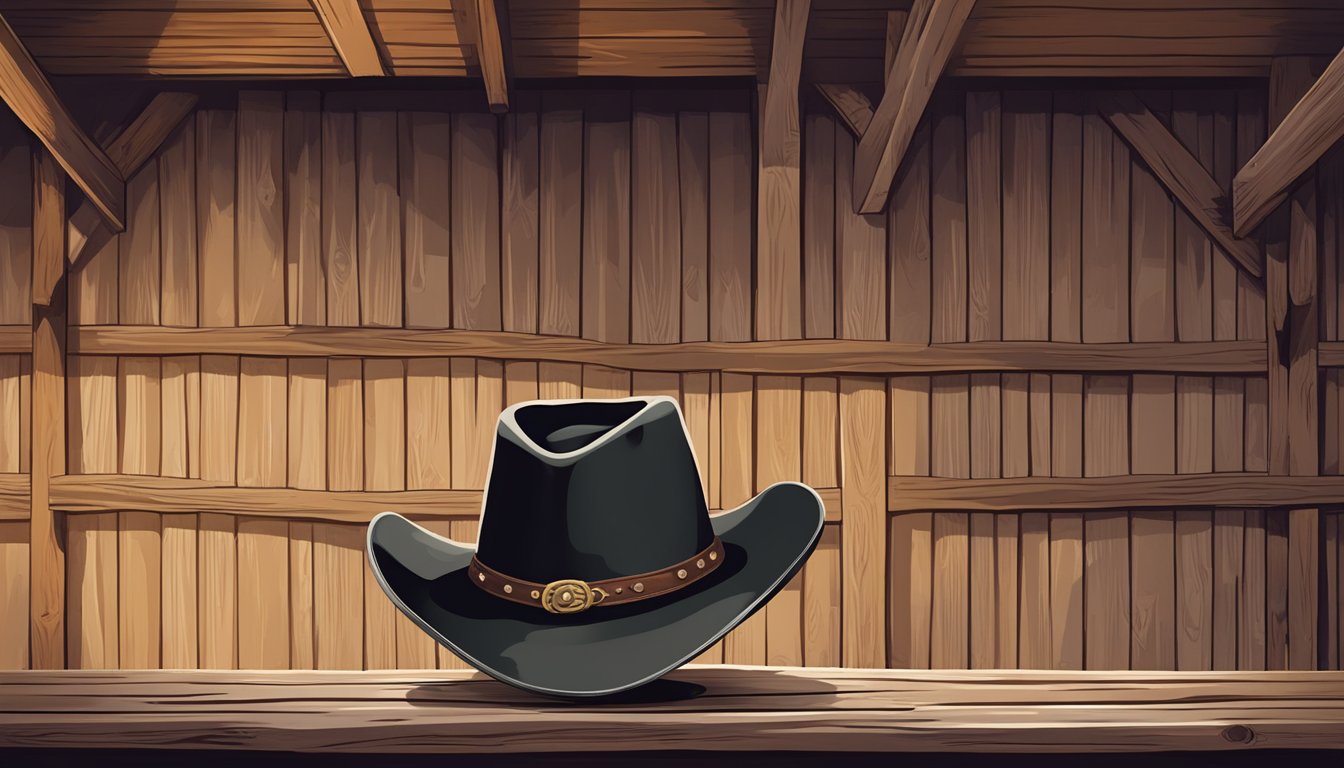 A cowboy hat hangs on a wooden post in a rustic barn setting