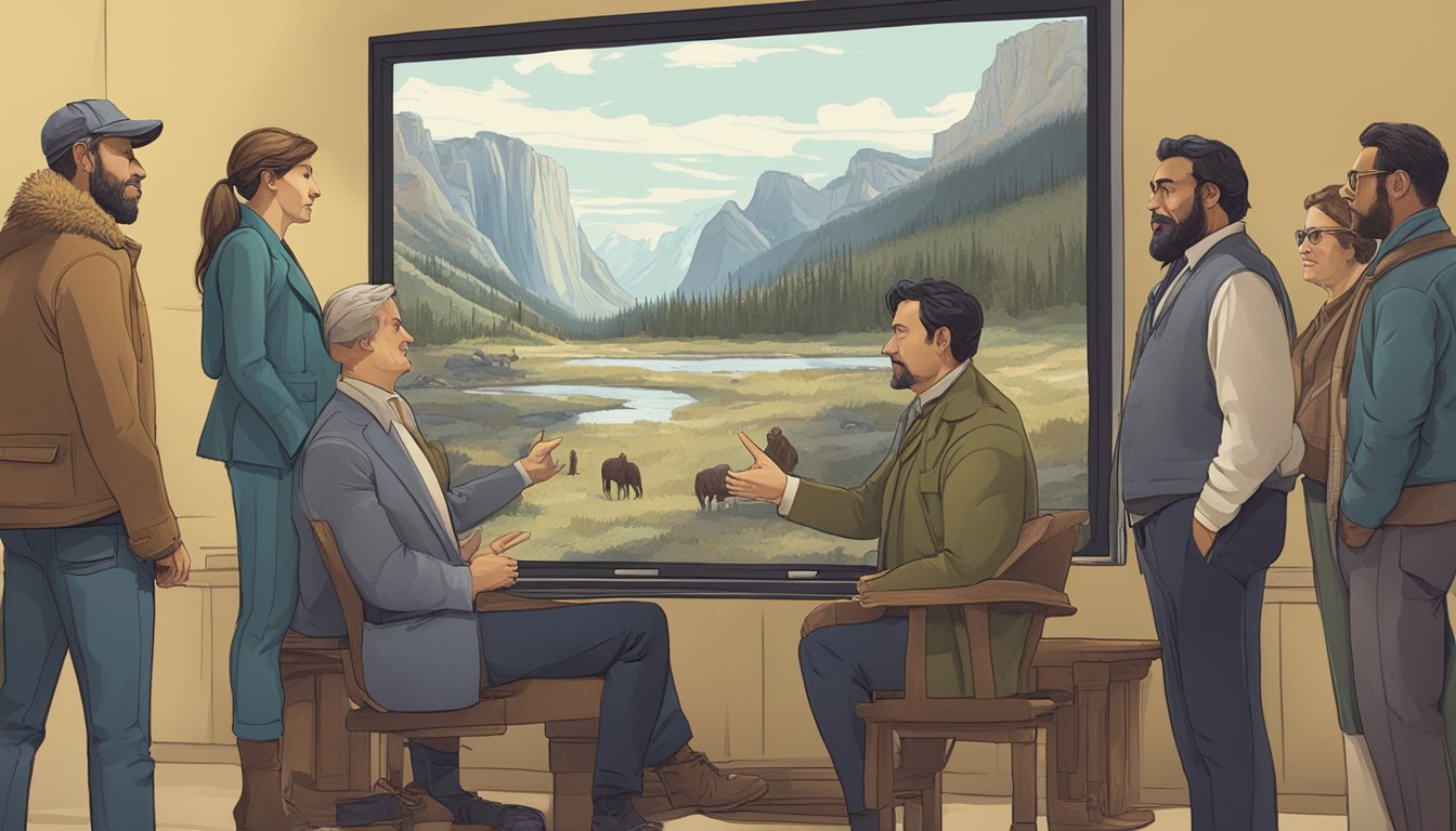 A group of people gathered around a screen, pointing and discussing a character from the Yellowstone series