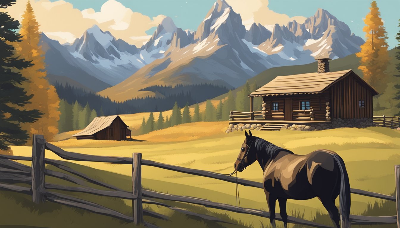 A rustic cabin surrounded by mountains, with a horse grazing in the foreground and a cowboy hat hanging on the fence