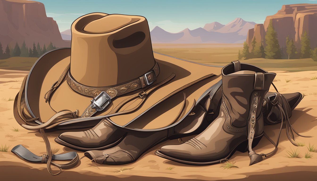 A cowboy hat and a pair of boots lying on the ground next to a horse saddle