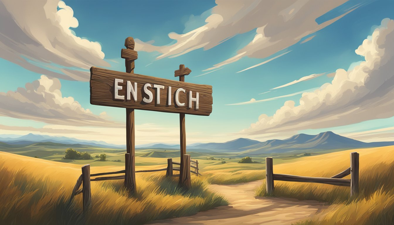 A rustic signpost marks the entrance to a sprawling ranch, surrounded by rolling hills and a wide open sky