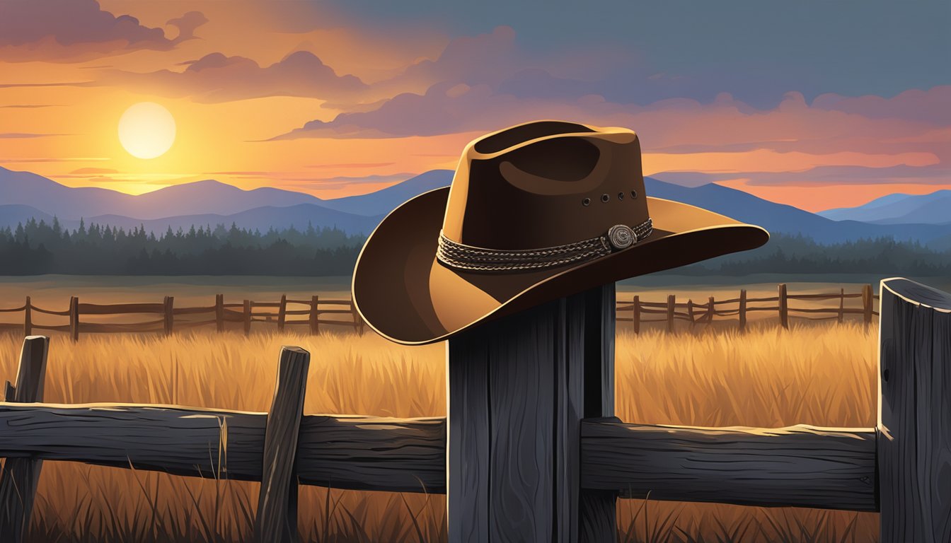 A cowboy hat resting on a weathered fence post, with a dramatic sunset in the background