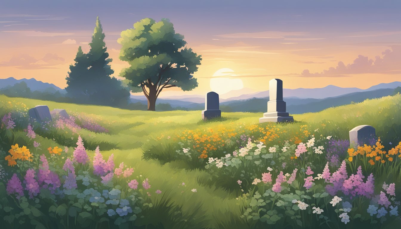 A serene landscape with a lone gravestone surrounded by wildflowers and tall grass