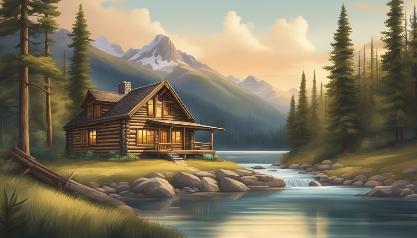 A rustic log cabin nestled in the rugged mountains of Montana, surrounded by towering pine trees and a tranquil river