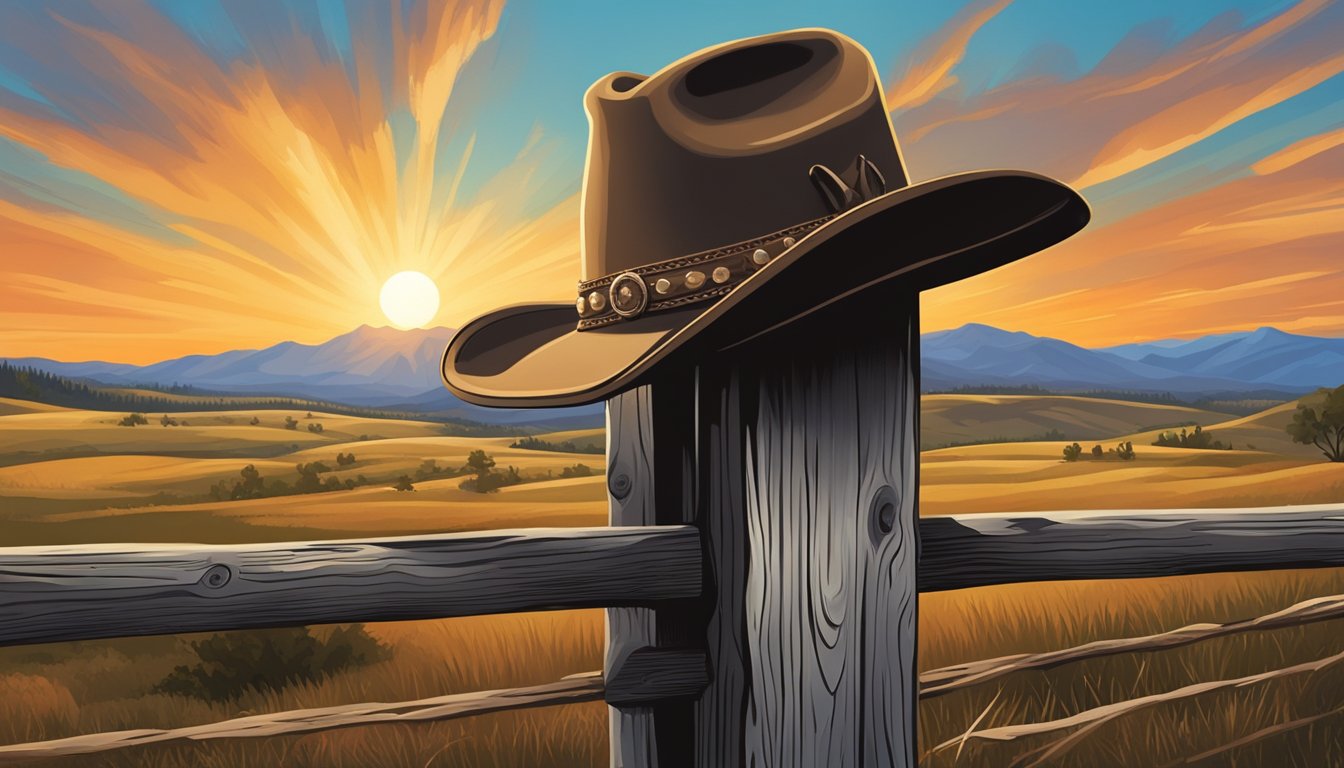 A rugged cowboy hat sits atop a weathered wooden fence post, with a backdrop of rolling hills and a dramatic sunset