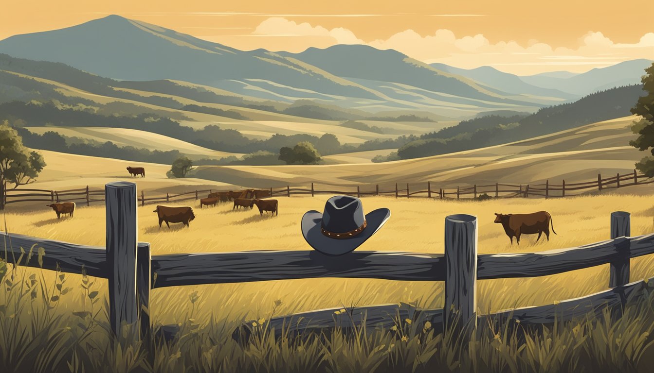 A cowboy hat resting on a weathered wooden fence, surrounded by grazing cattle and a backdrop of rolling hills